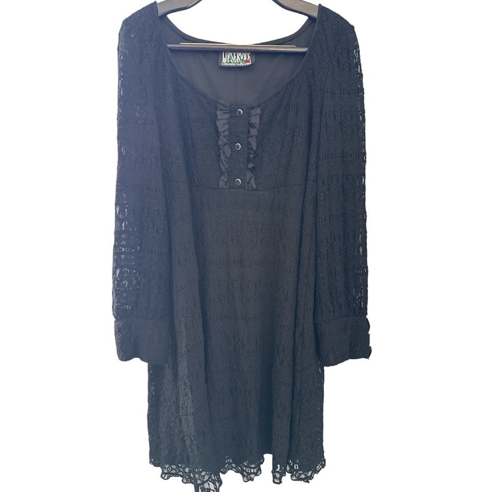Vintage 1990s Y2K Goth Alt Lip Service Black Lace Knit Long Sleeve Dress Large